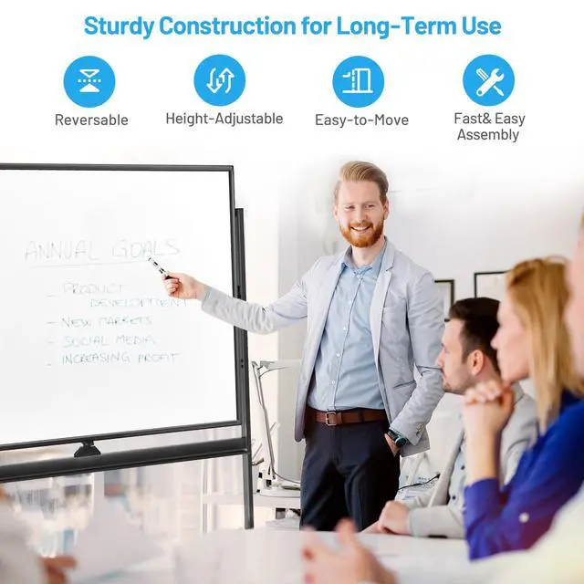 Alt view image 2 of 7 - Double-Sided Magnetic Dry Erase Mobile Whiteboard, 48 x 36 Inches Adjustable-Height Reversible Whiteboard w/ 1 Flip Chart, 6 Markers, 12 Magnets, 1 Eraser, Free-Standing Rolling Whiteboard