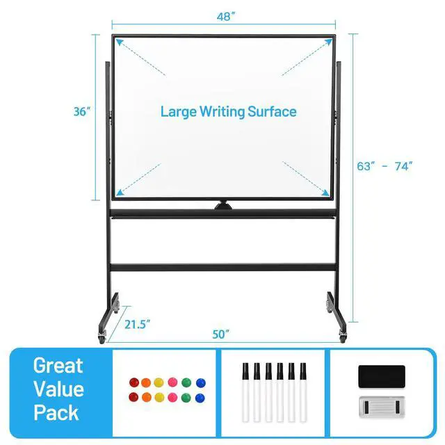 Alt view image 5 of 7 - Double-Sided Magnetic Dry Erase Mobile Whiteboard, 48 x 36 Inches Adjustable-Height Reversible Whiteboard w/ 1 Flip Chart, 6 Markers, 12 Magnets, 1 Eraser, Free-Standing Rolling Whiteboard