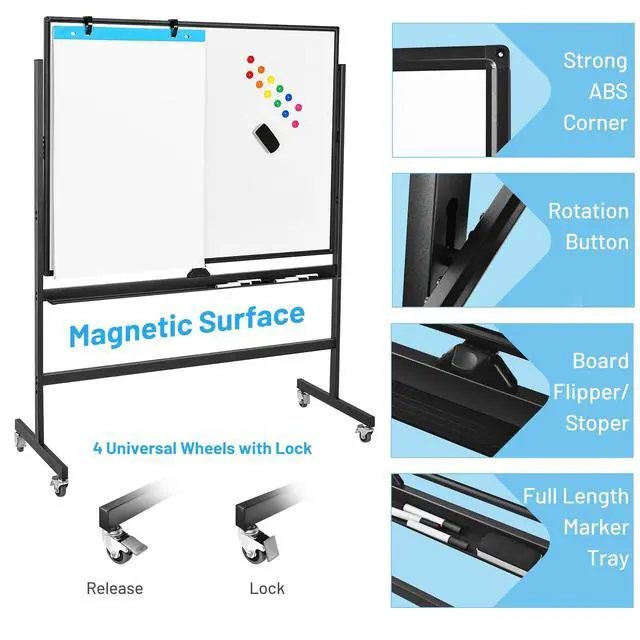 Alt view image 4 of 7 - Double-Sided Magnetic Dry Erase Mobile Whiteboard, 48 x 36 Inches Adjustable-Height Reversible Whiteboard w/ 1 Flip Chart, 6 Markers, 12 Magnets, 1 Eraser, Free-Standing Rolling Whiteboard