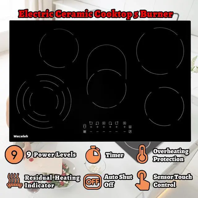 Alt view image 2 of 7 - Electric Cooktop 30 Inch 5 Burners, Electric Stove Top 30 Inch, Glass Flat Top Ceramic Cooktop Stove, Built-In, Timer, Child Lock, 9 Power Levels, Black, 220-240V(No Plug), 8500W