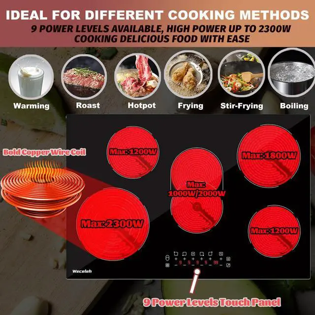 Alt view image 3 of 7 - Electric Cooktop 30 Inch 5 Burners, Electric Stove Top 30 Inch, Glass Flat Top Ceramic Cooktop Stove, Built-In, Timer, Child Lock, 9 Power Levels, Black, 220-240V(No Plug), 8500W