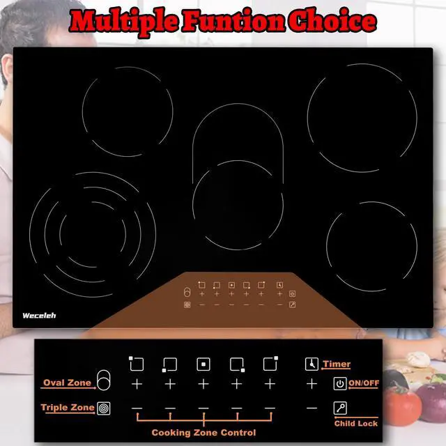 Alt view image 4 of 7 - Electric Cooktop 30 Inch 5 Burners, Electric Stove Top 30 Inch, Glass Flat Top Ceramic Cooktop Stove, Built-In, Timer, Child Lock, 9 Power Levels, Black, 220-240V(No Plug), 8500W