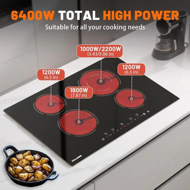 Alt view image 2 of 7 - Electric Cooktop, 30 Inch Built-in Ceramic Cooktops 6400W, Electric Stove Top with 4 Burners 220-240V(No Plug), 9 Heating Levels, Child Lock, Sensor Touch Control, Residual Heat Warning