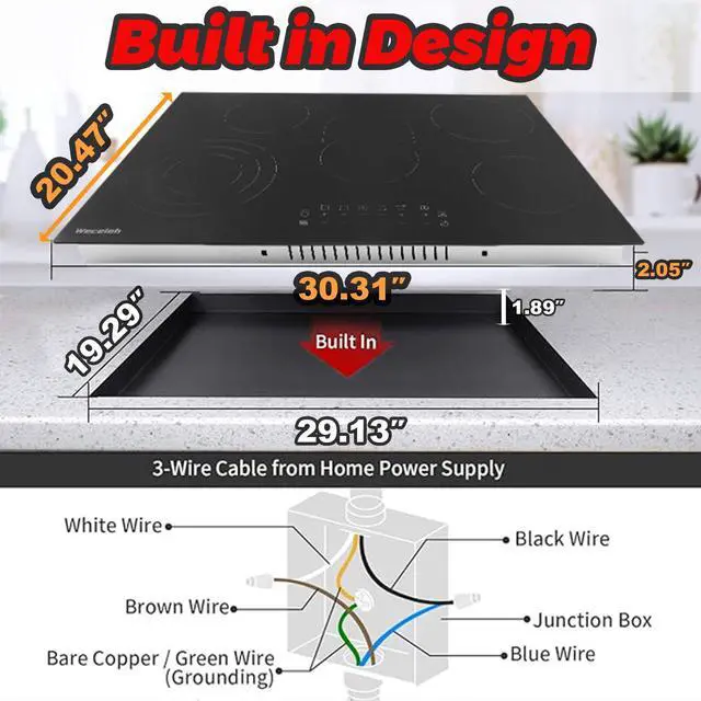 Alt view image 6 of 7 - Electric Cooktop 30 Inch 5 Burners, Electric Stove Top 30 Inch, Glass Flat Top Ceramic Cooktop Stove, Built-In, Timer, Child Lock, 9 Power Levels, Black, 220-240V(No Plug), 8500W