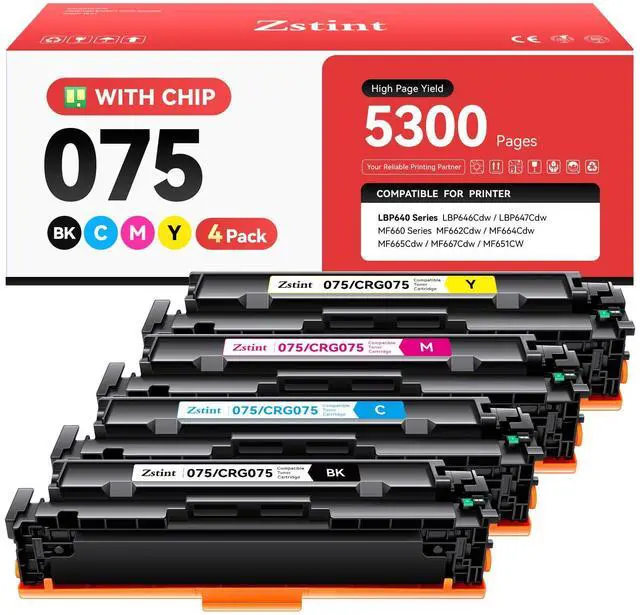 Main image of 075 Toner Cartridge Set 4-Pack with Chip Replacement for Canon 075 075H Toner Compatible with LBP646Cdw MF662Cdw MF664Cdw MF665Cdw LBP647Cdw LBP640 MF660 Laser Printer Ink Black Cyan Yellow Magenta