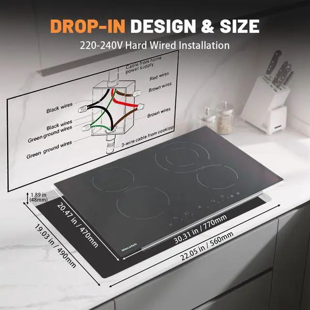 Alt view image 6 of 7 - Electric Cooktop, 30 Inch Built-in Ceramic Cooktops 6400W, Electric Stove Top with 4 Burners 220-240V(No Plug), 9 Heating Levels, Child Lock, Sensor Touch Control, Residual Heat Warning