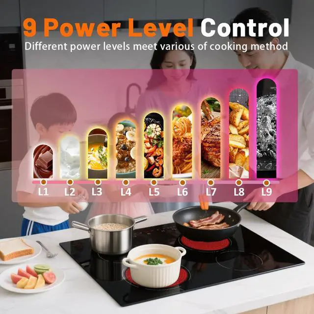 Alt view image 4 of 7 - Electric Cooktop, 30 Inch Built-in Ceramic Cooktops 6400W, Electric Stove Top with 4 Burners 220-240V(No Plug), 9 Heating Levels, Child Lock, Sensor Touch Control, Residual Heat Warning