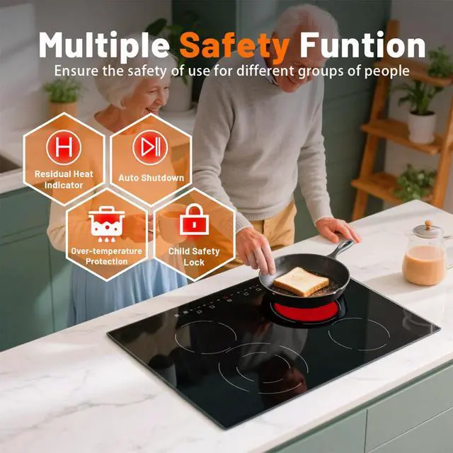 Alt view image 5 of 7 - Electric Cooktop, 30 Inch Built-in Ceramic Cooktops 6400W, Electric Stove Top with 4 Burners 220-240V(No Plug), 9 Heating Levels, Child Lock, Sensor Touch Control, Residual Heat Warning