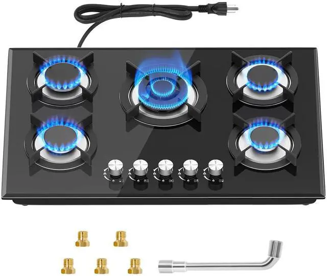 Main image of 5 Burners Gas Stove 30inch, Built-in Kitchen Gas Stovetop with NG/LPG Conversion Kit, Glass Top Gas Burner (30in x 20.5in)
