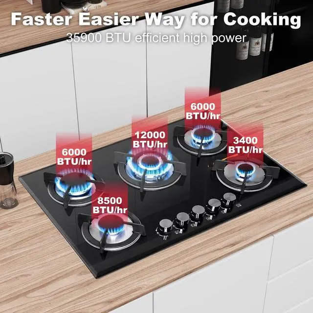 Alt view image 2 of 7 - 5 Burners Gas Stove 30inch, Built-in Kitchen Gas Stovetop with NG/LPG Conversion Kit, Glass Top Gas Burner (30in x 20.5in)