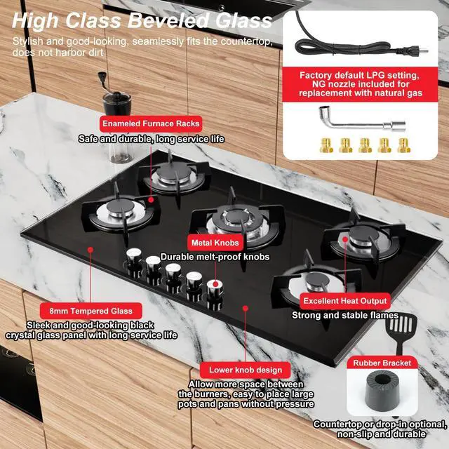 Alt view image 3 of 7 - 5 Burners Gas Stove 30inch, Built-in Kitchen Gas Stovetop with NG/LPG Conversion Kit, Glass Top Gas Burner (30in x 20.5in)