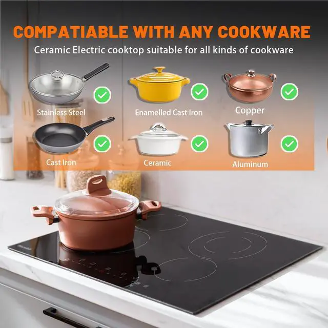Alt view image 7 of 7 - Electric Cooktop, 30 Inch Built-in Ceramic Cooktops 6400W, Electric Stove Top with 4 Burners 220-240V(No Plug), 9 Heating Levels, Child Lock, Sensor Touch Control, Residual Heat Warning