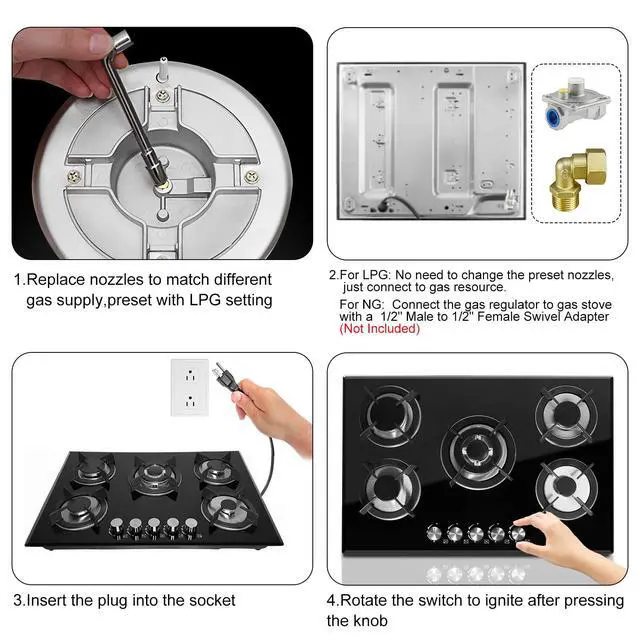 Alt view image 5 of 7 - 5 Burners Gas Stove 30inch, Built-in Kitchen Gas Stovetop with NG/LPG Conversion Kit, Glass Top Gas Burner (30in x 20.5in)
