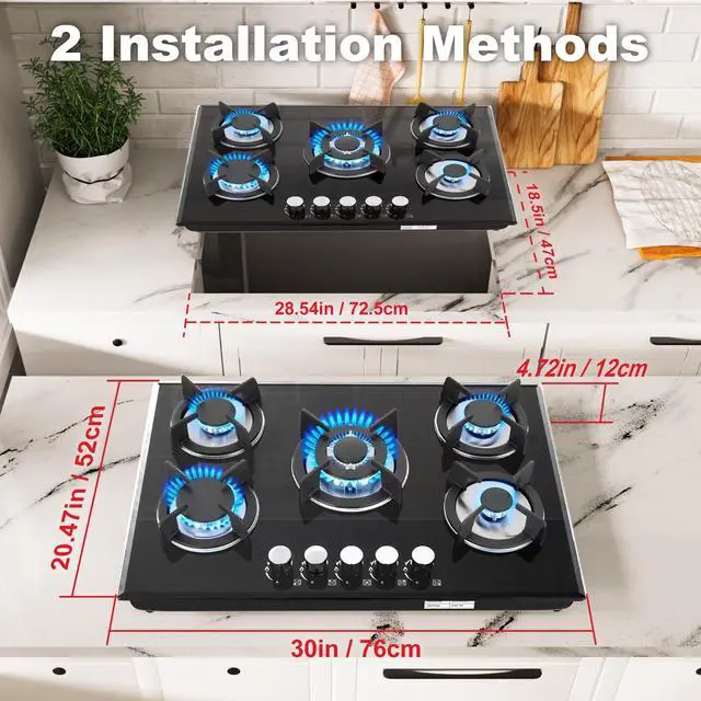 Alt view image 4 of 7 - 5 Burners Gas Stove 30inch, Built-in Kitchen Gas Stovetop with NG/LPG Conversion Kit, Glass Top Gas Burner (30in x 20.5in)