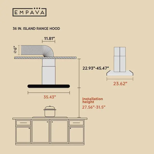 Alt view image 6 of 6 - Island Stove Range Hood Vent 36 Inch Ceiling Mount, 400 CFM | Dual-Sided Touch Control | 3 Speeds | 4 LED Lights | Stainless Steel, Ducted/Ductless (Conversion Kit Not Included)