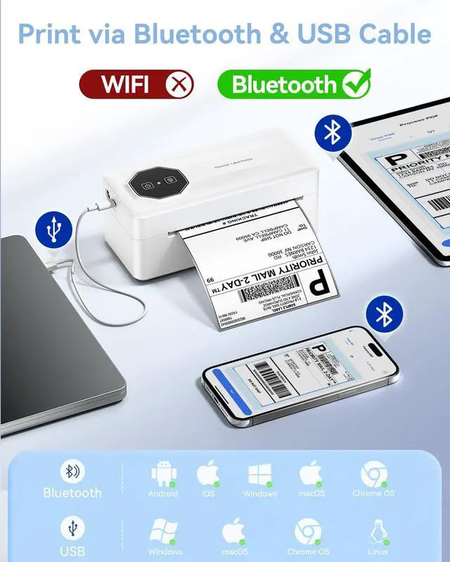 Alt view image 2 of 7 - Bluetooth Thermal Shipping Label Printer, A646 Wireless 4x6 Label Printer for Small Business and Shipping Packages, Compatible with iPhone Android Windows Mac, Amazon, USPS, UPS, White