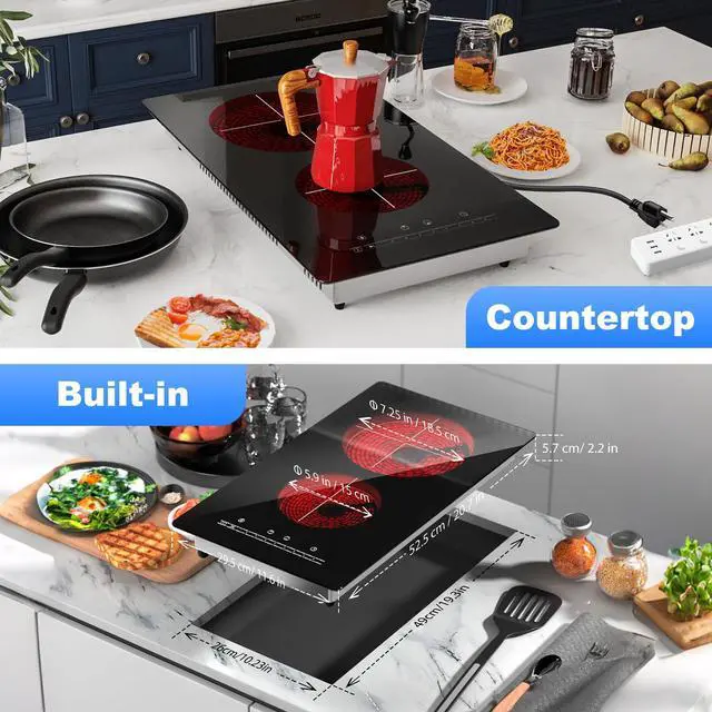 Alt view image 6 of 7 - Plug in Electric Stove Top with Sliding Touch Control, 12 Inch Countertop & Built-in Ceramic Cooktop, Electric Cooktop 2 Burner 110V, 2000W Two Burner Hot Plate