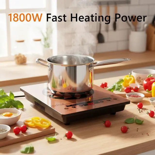 Alt view image 2 of 6 - 1800W Electric Stove Portable 110V Countertop Burner, Gold | Single Burner Electric Cooktop, One Burner Radiant Ceramic Cooktop,Button Control, Child Safety Lock, Timer, 9 Power Levels