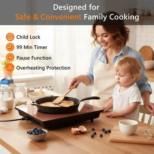 Alt view image 3 of 6 - 1800W Electric Stove Portable 110V Countertop Burner, Gold | Single Burner Electric Cooktop, One Burner Radiant Ceramic Cooktop,Button Control, Child Safety Lock, Timer, 9 Power Levels