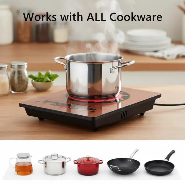 Alt view image 5 of 6 - 1800W Electric Stove Portable 110V Countertop Burner, Gold | Single Burner Electric Cooktop, One Burner Radiant Ceramic Cooktop,Button Control, Child Safety Lock, Timer, 9 Power Levels