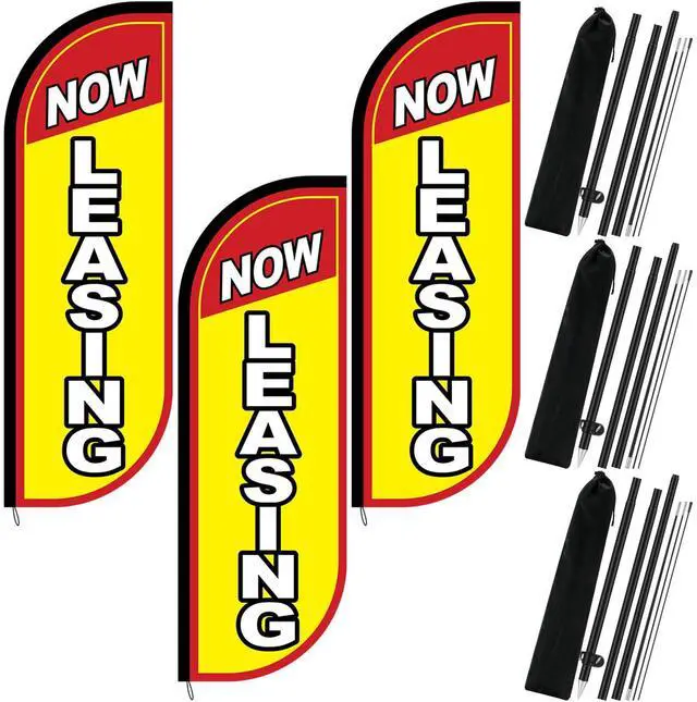 Main image of 3 Set Now Leasing Feather Flag Pole Kit Now Leasing Advertising Flags Now Leasing Flags with Pole and Ground Stake Real Estate Advertising Swooper Flag for Business Advertisement, Yellow
