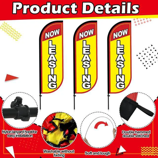 Alt view image 3 of 7 - 3 Set Now Leasing Feather Flag Pole Kit Now Leasing Advertising Flags Now Leasing Flags with Pole and Ground Stake Real Estate Advertising Swooper Flag for Business Advertisement, Yellow