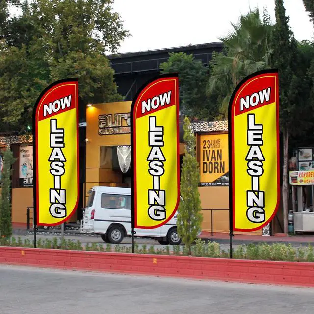 Alt view image 5 of 7 - 3 Set Now Leasing Feather Flag Pole Kit Now Leasing Advertising Flags Now Leasing Flags with Pole and Ground Stake Real Estate Advertising Swooper Flag for Business Advertisement, Yellow
