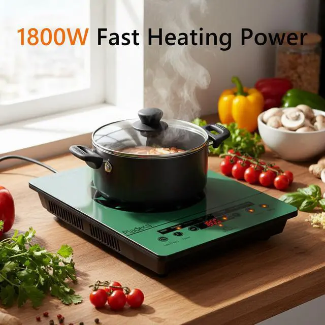 Alt view image 2 of 6 - 1800W Electric Stove Portable 110V Countertop Burner, Green | Single Burner Electric Cooktop, One Burner Radiant Ceramic Cooktop,Button Control, Child Safety Lock, Timer, 9 Power Levels
