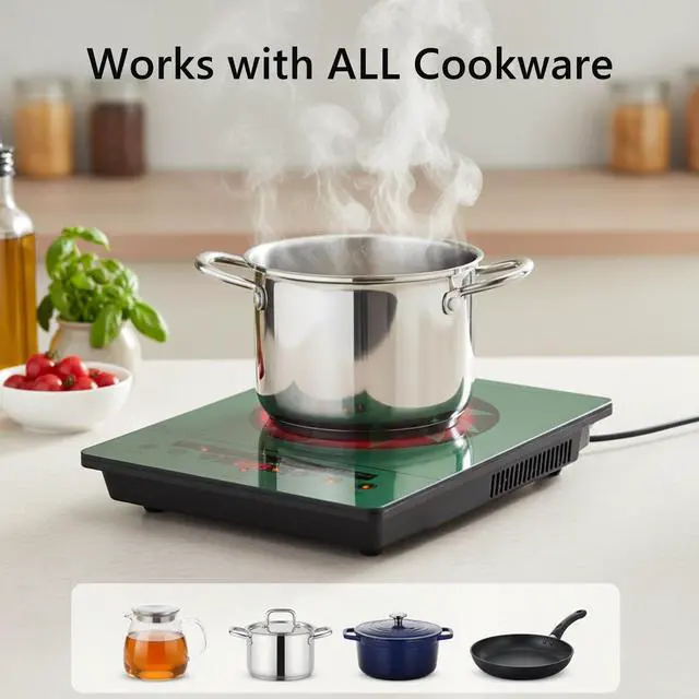 Alt view image 5 of 6 - 1800W Electric Stove Portable 110V Countertop Burner, Green | Single Burner Electric Cooktop, One Burner Radiant Ceramic Cooktop,Button Control, Child Safety Lock, Timer, 9 Power Levels