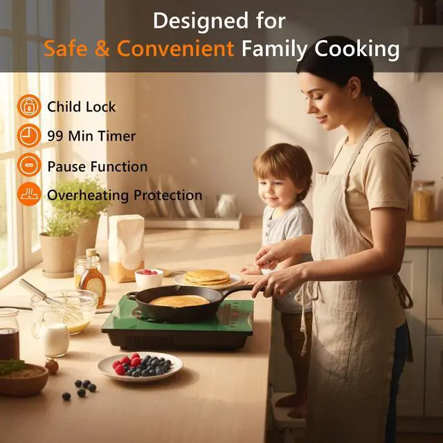 Alt view image 3 of 6 - 1800W Electric Stove Portable 110V Countertop Burner, Green | Single Burner Electric Cooktop, One Burner Radiant Ceramic Cooktop,Button Control, Child Safety Lock, Timer, 9 Power Levels
