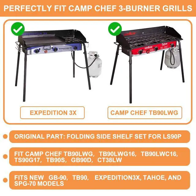 Alt view image 3 of 7 - Folding Side Shelves for Camp Chef 3-Burner Stove Accessories 16" Foldable Side Shelf for Camp Chef Grill Replacement Parts TB90LW, TB90LWG, TB90LWG15 CT38LW, SPG90B, Heavy-Duty Metal Paint, 2PCS