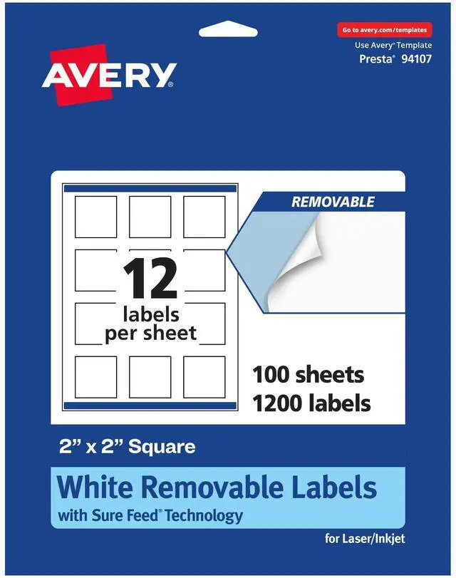 Main image of ® Matte White Removable Square Labels, Sure Feed® Technology, Print-to-The-Edge, 2" x 2", 1,200 Removable Labels, Laser/Inkjet Printable