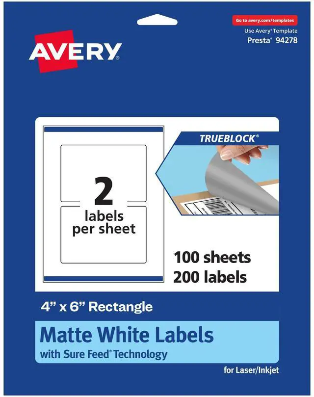 Main image of ® TrueBlock® Matte White Rectangle Labels, Sure Feed® Technology, 4" x 6", 200 Matte White Labels, Print-to-The-Edge, Laser/Inkjet Printable, Great for Packaging and Product Merchandising