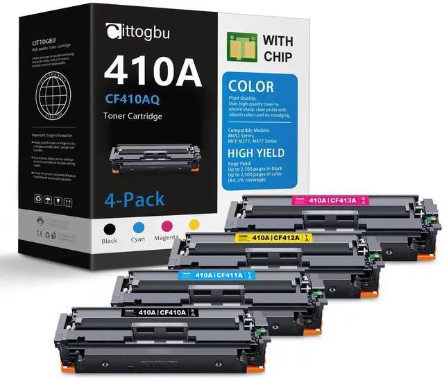 Main image of 410A Toner Cartridges 4-Pack (BK/C/M/Y) - CF410AQ Toner Replacement for HP 410A Toner & 410A Ink, Compatible with Color Pro MFP M477 M377dw, Pro M452 Series Printer (CF410A, CF411A, CF412A, CF413A)