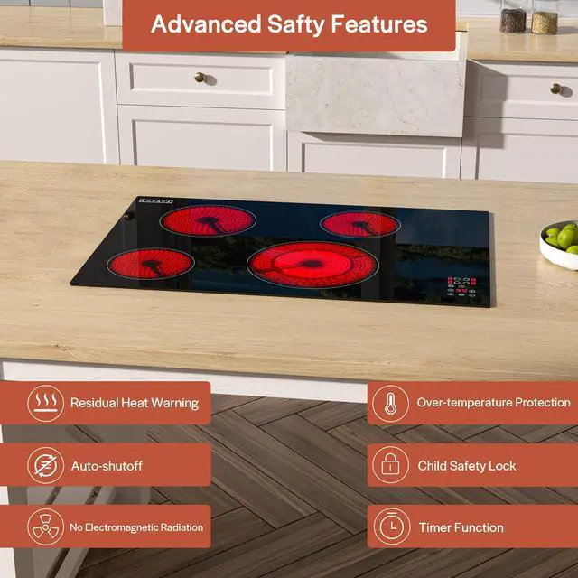 Alt view image 5 of 7 - Electric Cooktop, 30 inch 4 Burners, Built in Radiant Stove, Including Dual Zone Element, Ceramic Glass Smooth Surface in Black, ETL Certified, All Kinds of Cookware, 220-240V, No Plug