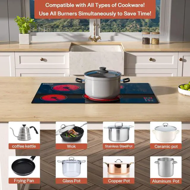 Alt view image 4 of 7 - Electric Cooktop, 30 inch 4 Burners, Built in Radiant Stove, Including Dual Zone Element, Ceramic Glass Smooth Surface in Black, ETL Certified, All Kinds of Cookware, 220-240V, No Plug
