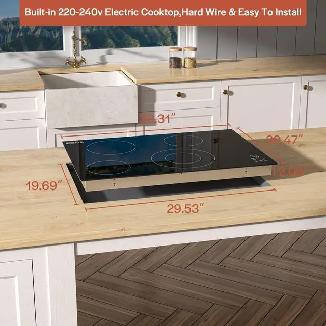 Alt view image 7 of 7 - Electric Cooktop, 30 inch 4 Burners, Built in Radiant Stove, Including Dual Zone Element, Ceramic Glass Smooth Surface in Black, ETL Certified, All Kinds of Cookware, 220-240V, No Plug
