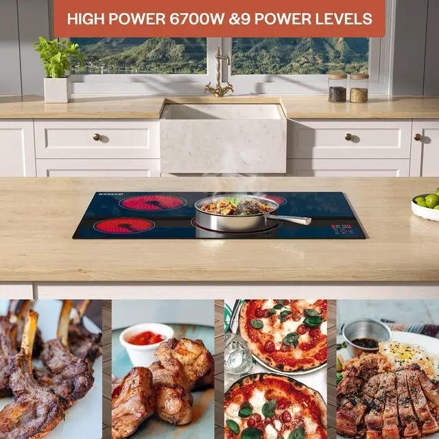 Alt view image 3 of 7 - Electric Cooktop, 30 inch 4 Burners, Built in Radiant Stove, Including Dual Zone Element, Ceramic Glass Smooth Surface in Black, ETL Certified, All Kinds of Cookware, 220-240V, No Plug
