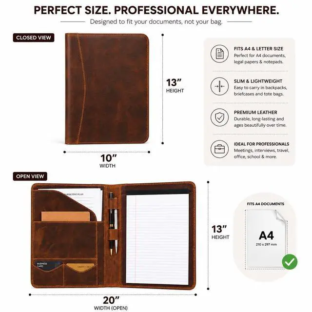 Alt view image 2 of 7 - Leathervine Compact Leather Portfolio with Clipboard | Legal Pad | Card Holders | File Pocket | Pen Loop | Premium Organizer for Meetings | Work | Interviews | Graduation Gifts