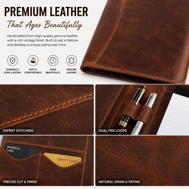 Alt view image 4 of 7 - Leathervine Compact Leather Portfolio with Clipboard | Legal Pad | Card Holders | File Pocket | Pen Loop | Premium Organizer for Meetings | Work | Interviews | Graduation Gifts