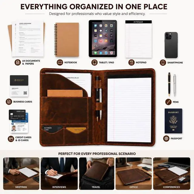 Alt view image 3 of 7 - Leathervine Compact Leather Portfolio with Clipboard | Legal Pad | Card Holders | File Pocket | Pen Loop | Premium Organizer for Meetings | Work | Interviews | Graduation Gifts