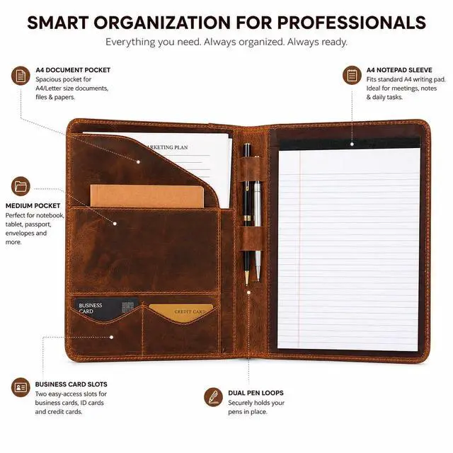 Alt view image 6 of 7 - Leathervine Compact Leather Portfolio with Clipboard | Legal Pad | Card Holders | File Pocket | Pen Loop | Premium Organizer for Meetings | Work | Interviews | Graduation Gifts