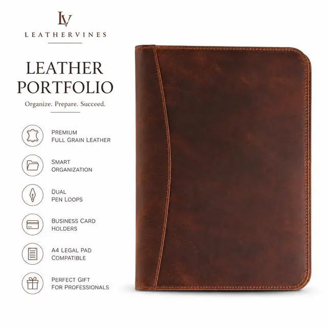 Alt view image 7 of 7 - Leathervine Compact Leather Portfolio with Clipboard | Legal Pad | Card Holders | File Pocket | Pen Loop | Premium Organizer for Meetings | Work | Interviews | Graduation Gifts