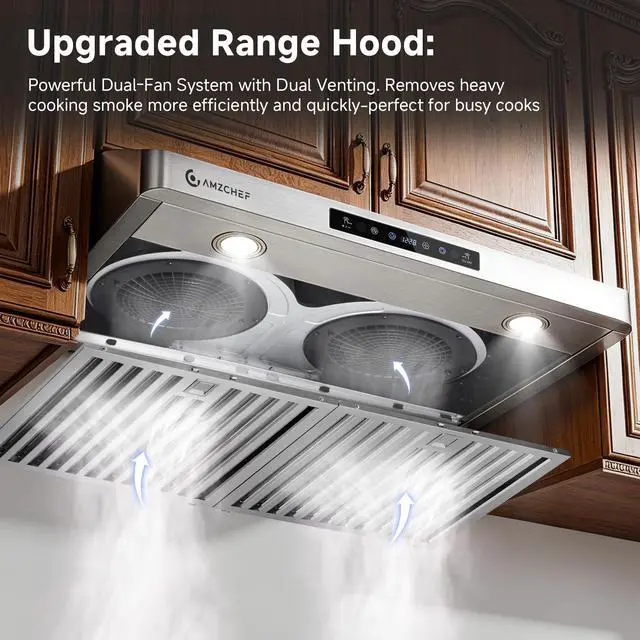Alt view image 3 of 7 - 30" Stainless Steel Under Cabinet Range Hood, 1050 CFM Dual-Fan | Stainless Steel hood with Touch/Remote/Gesture Control, timer, LED lights & dishwasher-safe baffle filters 3 outlets