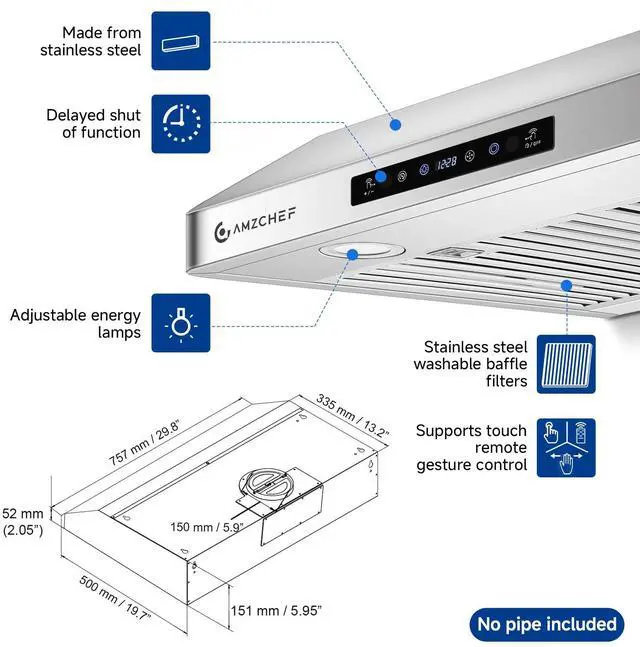 Alt view image 4 of 7 - 30" Stainless Steel Under Cabinet Range Hood, 1050 CFM Dual-Fan | Stainless Steel hood with Touch/Remote/Gesture Control, timer, LED lights & dishwasher-safe baffle filters 3 outlets