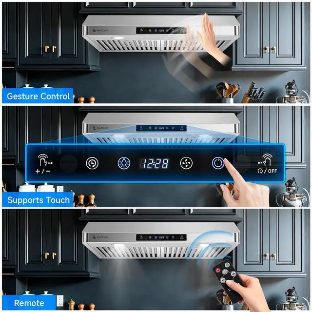 Alt view image 5 of 7 - 30" Stainless Steel Under Cabinet Range Hood, 1050 CFM Dual-Fan | Stainless Steel hood with Touch/Remote/Gesture Control, timer, LED lights & dishwasher-safe baffle filters 3 outlets