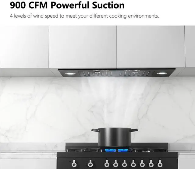 Alt view image 2 of 6 - 36 inch Black Built-in/Insert Range Hood, 900 CFM Ducted/Ductless Stainless Steel Kitchen Vent Hood with 4 Speed Gesture Sensing&Touch Control Panel(IKB01-36-BSS)