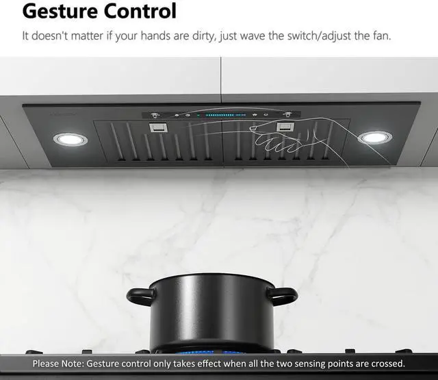 Alt view image 3 of 6 - 36 inch Black Built-in/Insert Range Hood, 900 CFM Ducted/Ductless Stainless Steel Kitchen Vent Hood with 4 Speed Gesture Sensing&Touch Control Panel(IKB01-36-BSS)