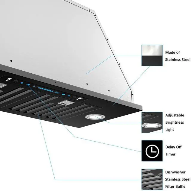 Alt view image 5 of 6 - 36 inch Black Built-in/Insert Range Hood, 900 CFM Ducted/Ductless Stainless Steel Kitchen Vent Hood with 4 Speed Gesture Sensing&Touch Control Panel(IKB01-36-BSS)