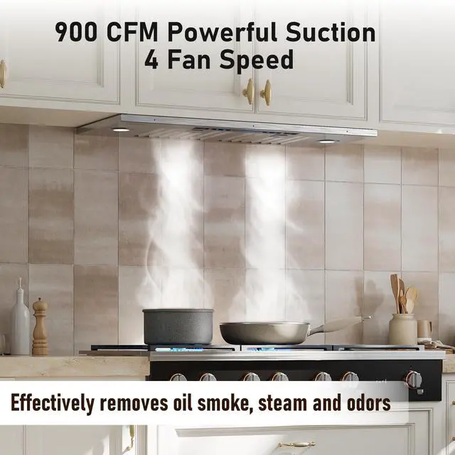 Alt view image 2 of 6 - 36 inch Built-in/Insert Range Hood 900 CFM, Ducted/Ductless Convertible Duct, Stainless Steel Kitchen Vent Hood with 4 Speed Gesture Sensing&Touch Control Panel(IKB01-36)